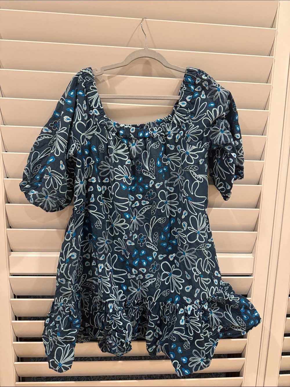 Alivia Blue Floral Puff-Sleeve Casual Dress with Ruffle Hem